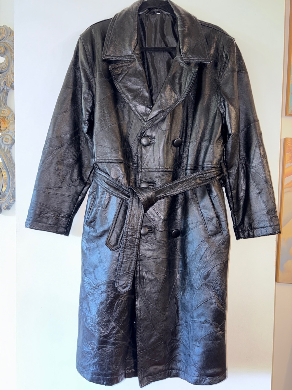 Incredible Vintage Patchwork Black Leather Double-Breasted Trench Coat with Belt